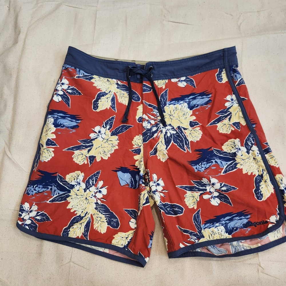 Patagonia Men's Boardshorts Swim Trunks Red Tropical Floral Surf Size 34